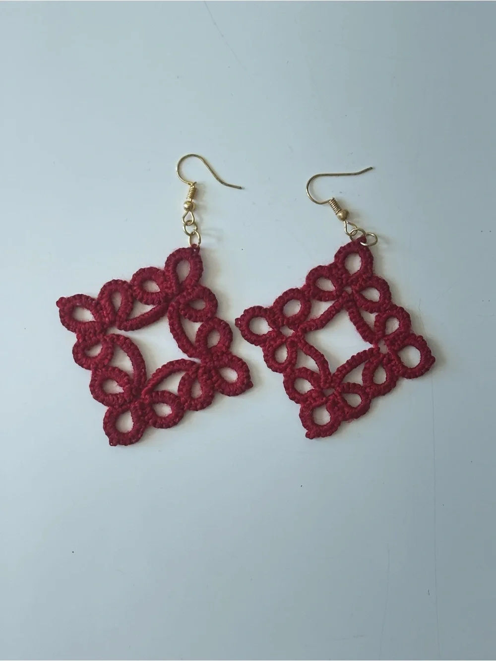 Boho Burgundy /red Tatted Lace Floral Statement Dangle Earrings Gold Tone